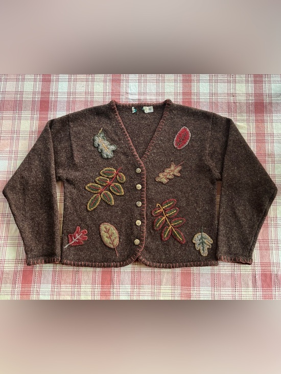 L.L. Bean Sweaters - Vintage LL Bean Brown Wool Cardigan With Autumn Leaf Appliqué 100% Wool